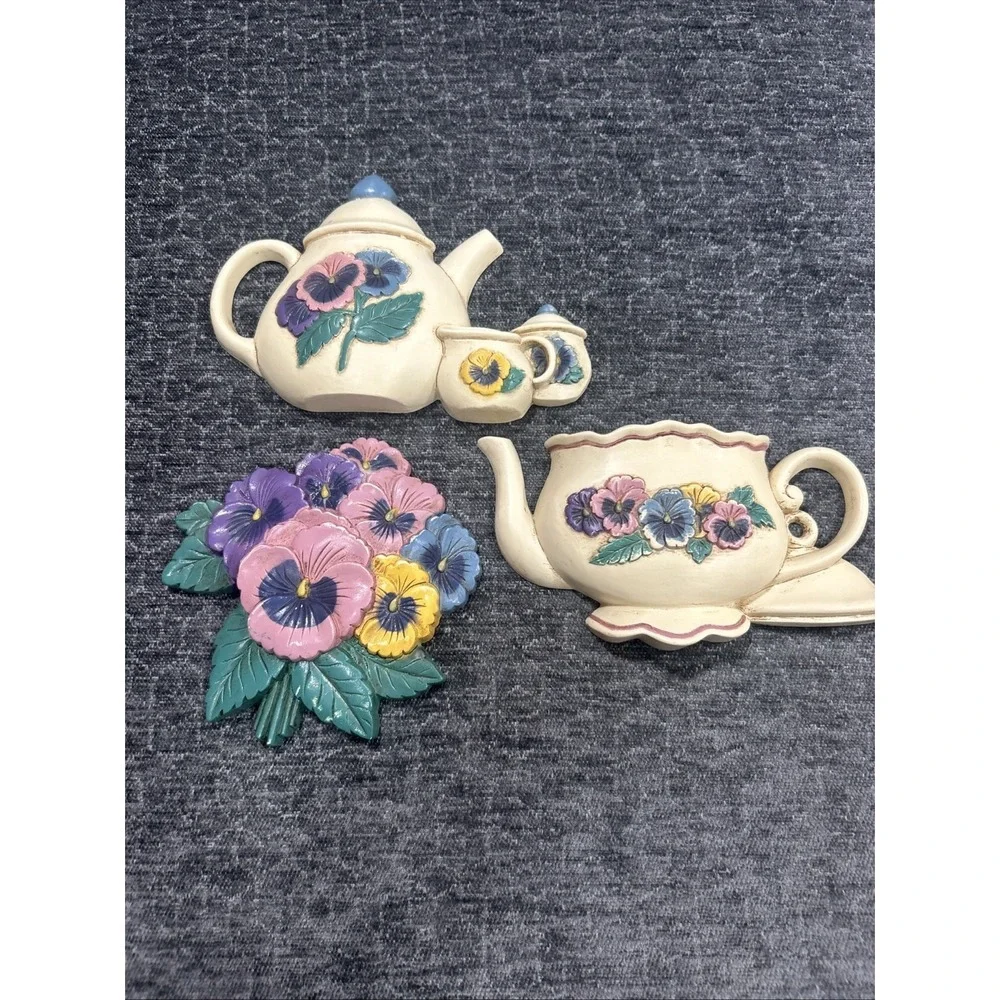 Vintage Burwood Home Interiors Pansy Teapot‎ Set Wall Decor Plaques Cottagecore
